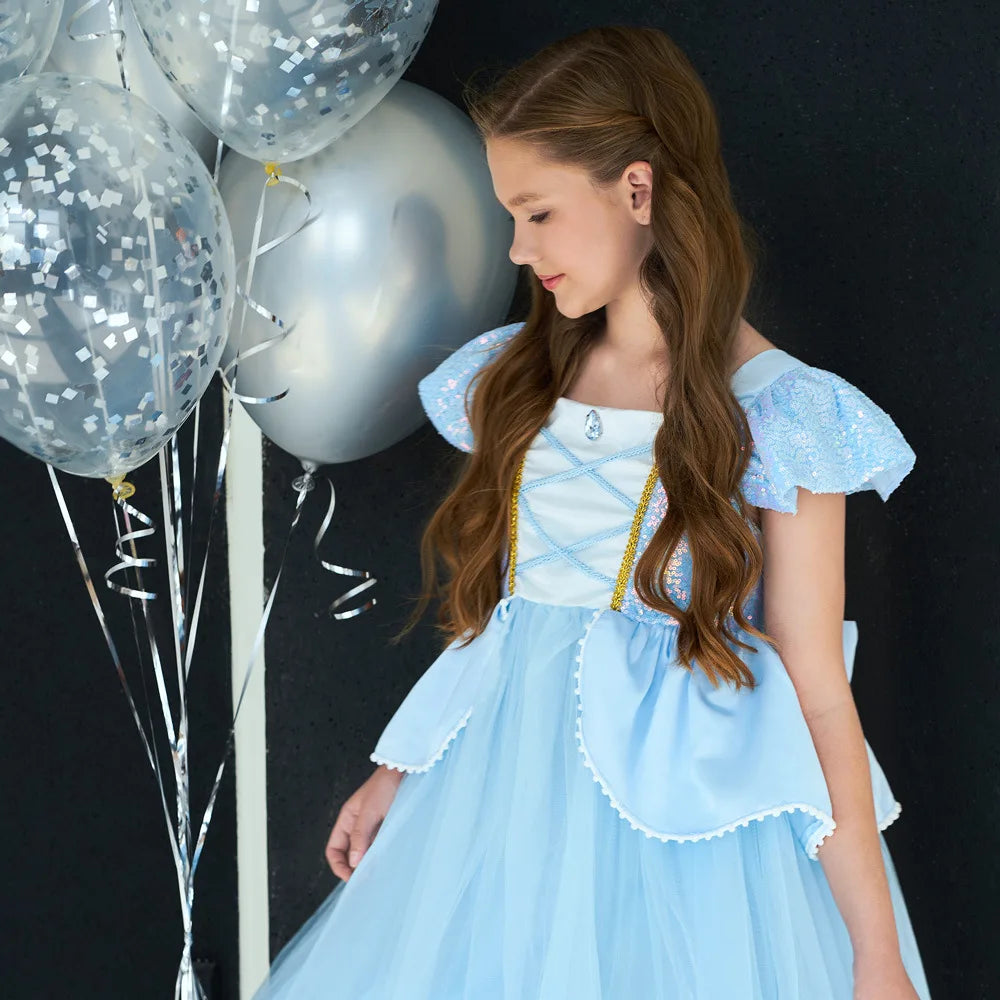 2-10Y Cinderelle Dress Princess Cosplay Costume for Girls Fancy Dress Up 2025 Kids Christma Birthday Party Outfit with Gloves