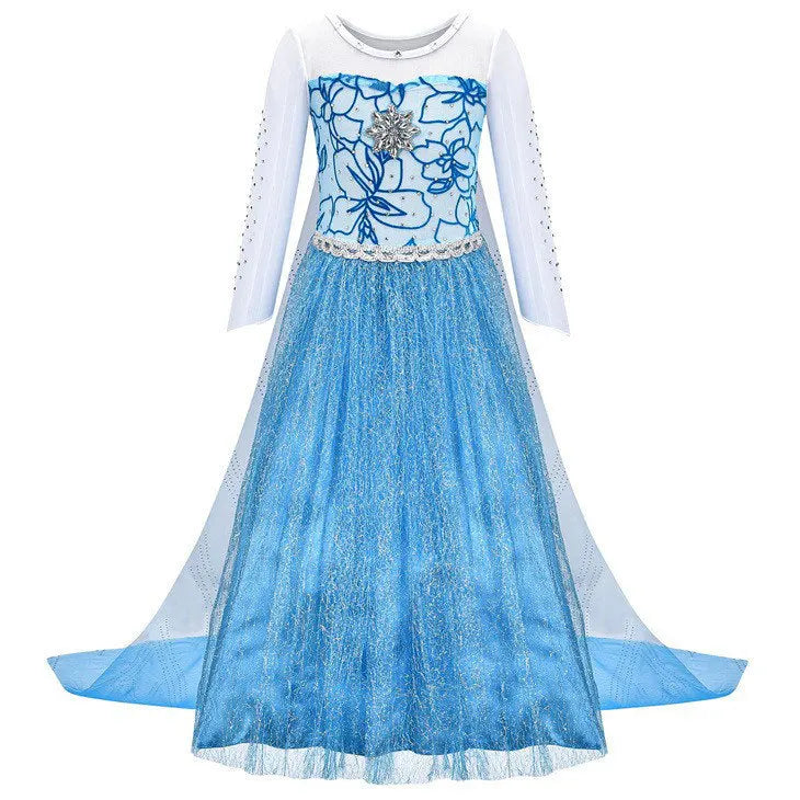 Toddler Shimmering Elsa Maxi Dress Feastured Princess Snow Queen Costume Full Bodice Sequins Embellished Christmas Party Frocks