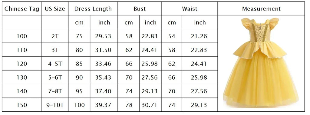 Beauty and the Beast Inspired Party Mesh Dress for Girl Elegant Fancy Princess Costume Belle Deluxe Ball Gown Kid Christmas Robe