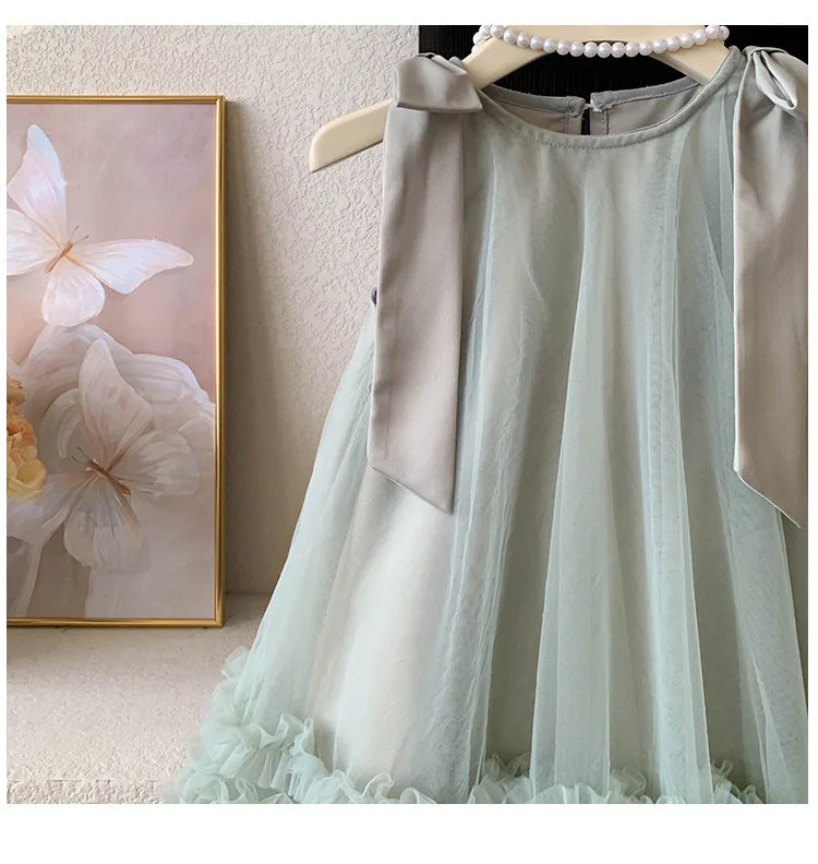 2024 Summer Korean  Girls New Sleeveless Bow Solid Color Sweet and Gentle Princess Dress Childrens Trend