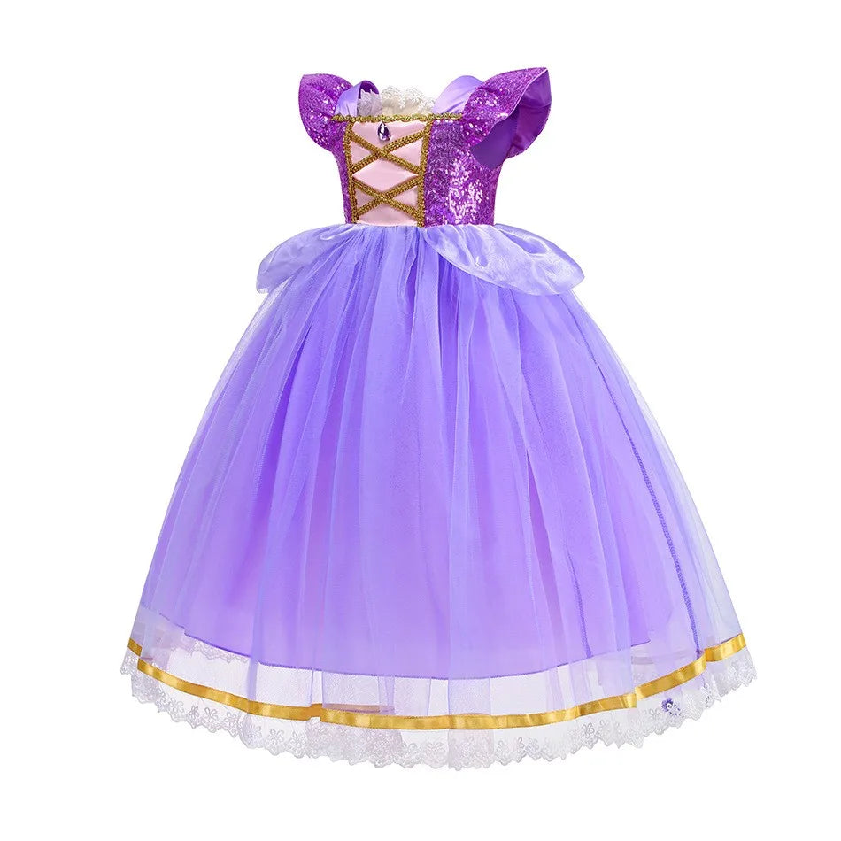 Purple Princess Dress Girl Cosplay Princess Short Sleeves Skirt Birthday Party Vestido Costume + Accessories