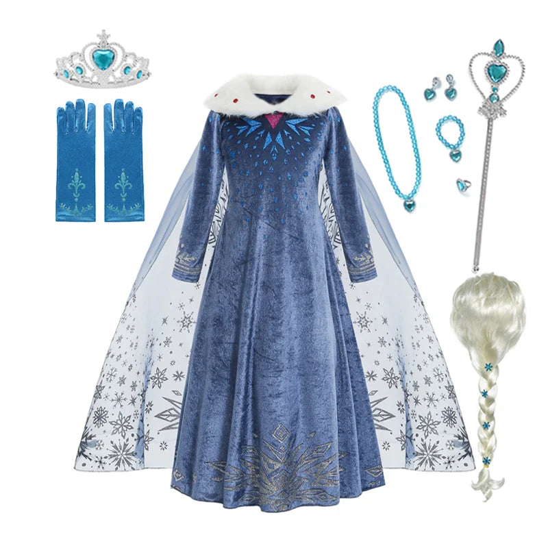 Elsa Dress for Girl Princess Birthday Party Winter Costume Kids Cosplay Frozen Evening Long Sleeve Clothes Snow Queen