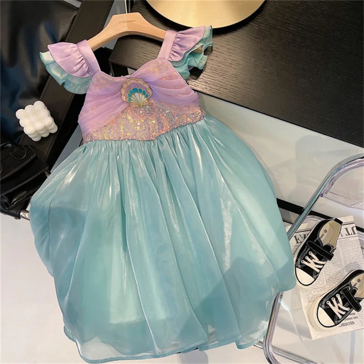 Kids Little Mermaid Summer Girls Casual Dress Ariel Princess Dress Cute Birthday Party Costume Kids Dress