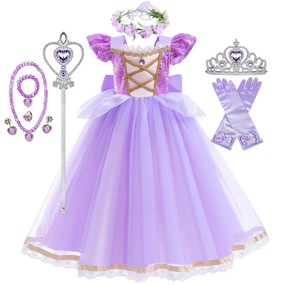Summer Rapunzal Girl Princess Dress Cosplay Tangled Halloween Birthday Party Vestido Kids Birthday Costume