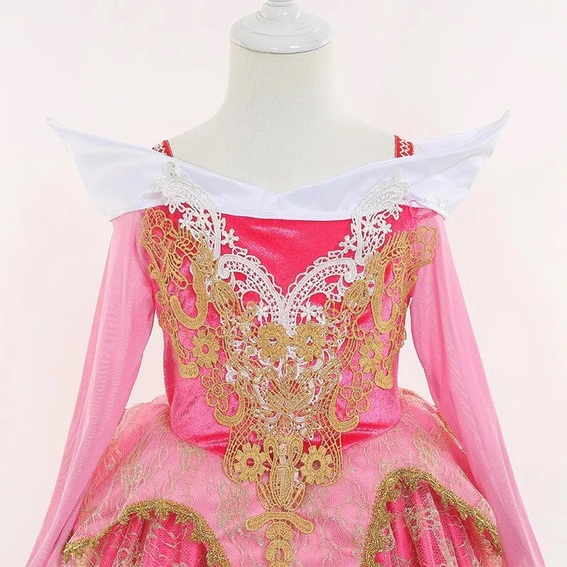 Sleeping Beauty Aurora Princess Dress Girl Cosplay Off Shoulder Kids Gifts Fancy Party Girl Baby Fine Lace Dress Set