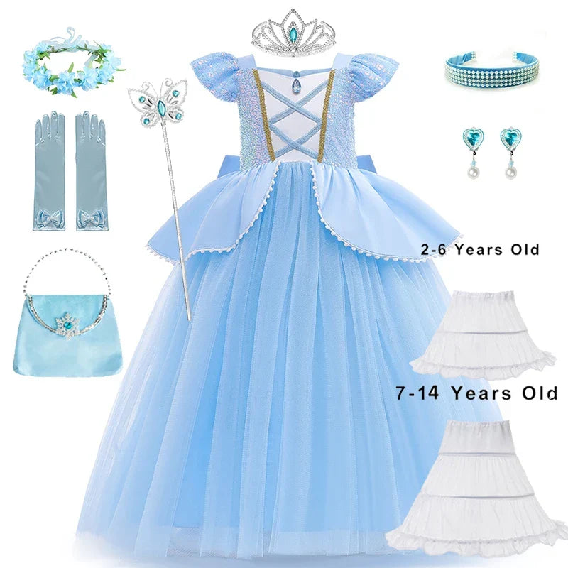 2-10Y Cinderelle Dress Princess Cosplay Costume for Girls Fancy Dress Up 2025 Kids Christma Birthday Party Outfit with Gloves