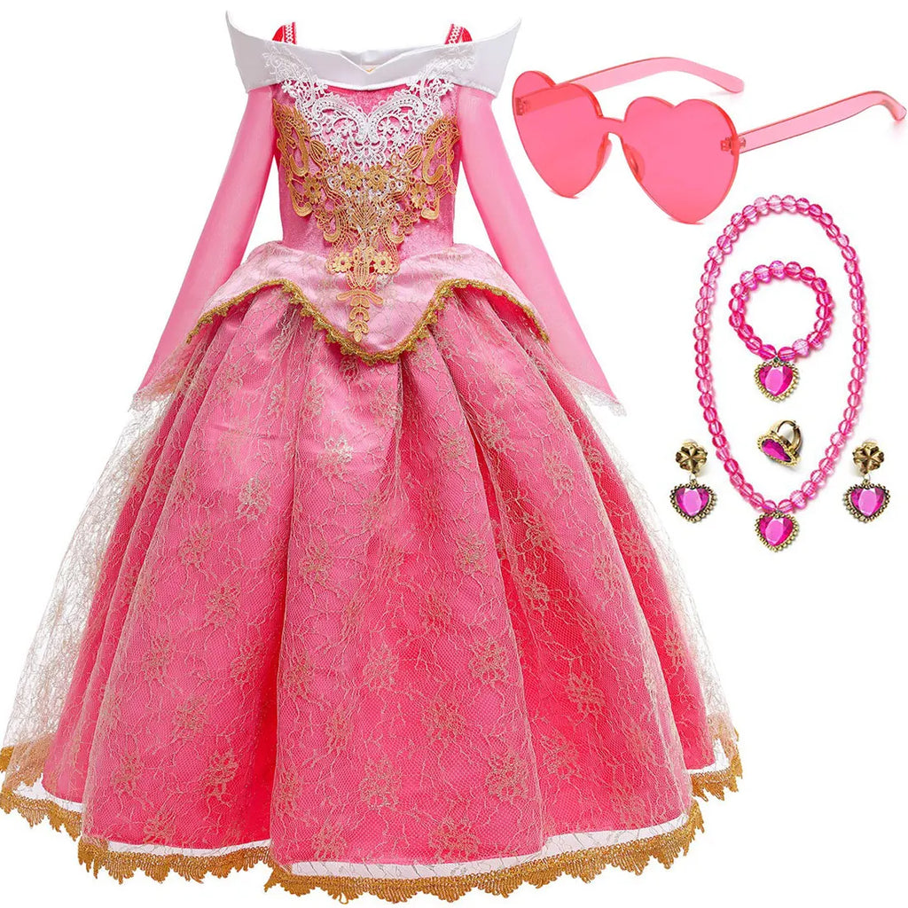 Sleeping Beauty Aurora Princess Dress Girl Cosplay Off Shoulder Kids Gifts Fancy Party Girl Baby Fine Lace Dress Set