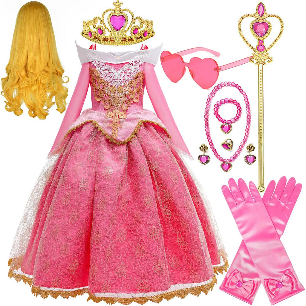 Sleeping Beauty Aurora Princess Dress Girl Cosplay Off Shoulder Kids Gifts Fancy Party Girl Baby Fine Lace Dress Set