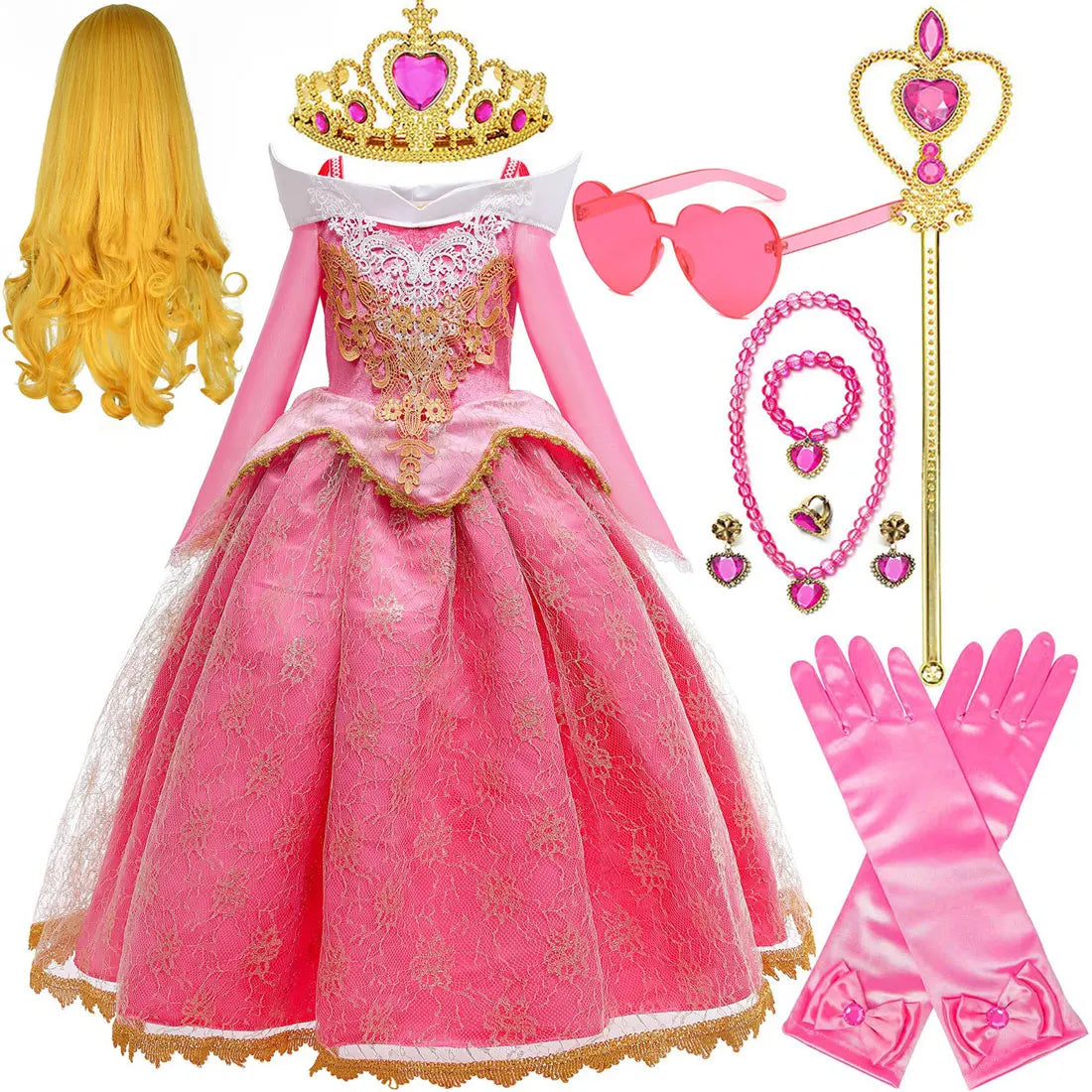 Sleeping Beauty Aurora Princess Dress Girl Cosplay Off Shoulder Kids Gifts Fancy Party Girl Baby Fine Lace Dress Set