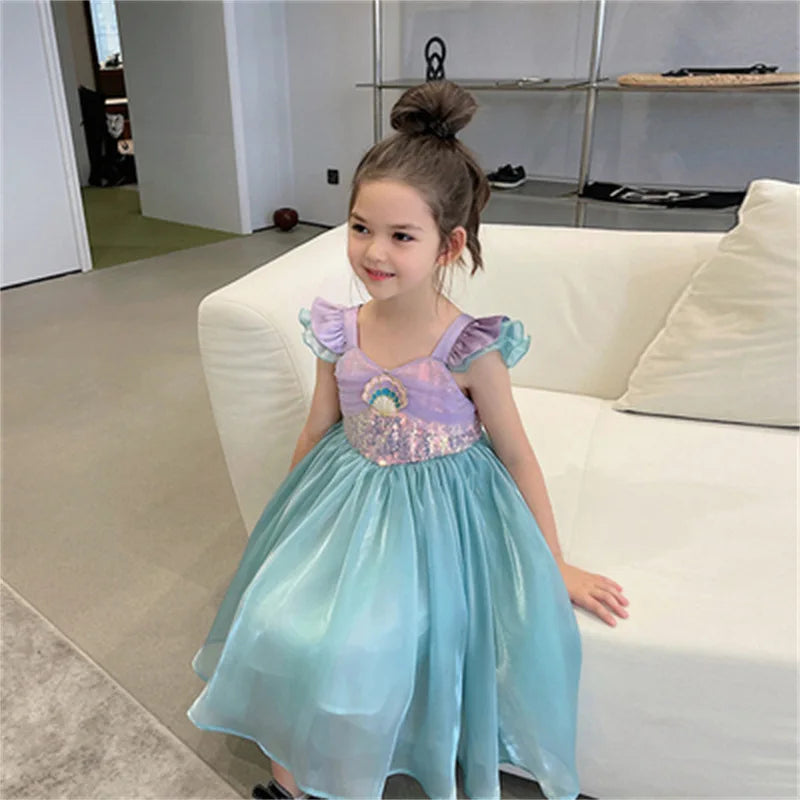 Kids Little Mermaid Summer Girls Casual Dress Ariel Princess Dress Cute Birthday Party Costume Kids Dress