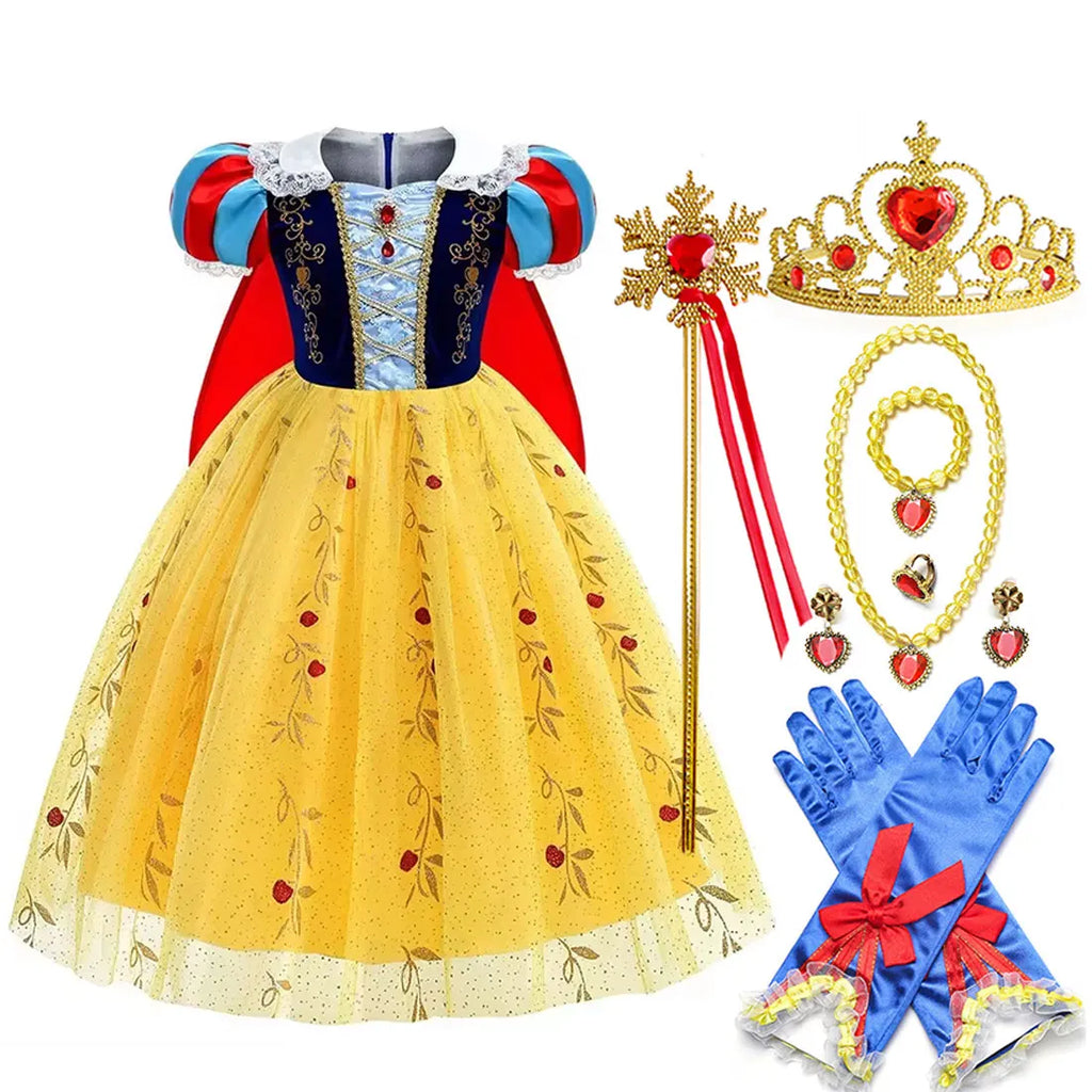 Girl Cosplay Snow White Dress Yellow Luxury Costume With Cloak Holiday Party Gift For Girl Dress + Apple Accessories