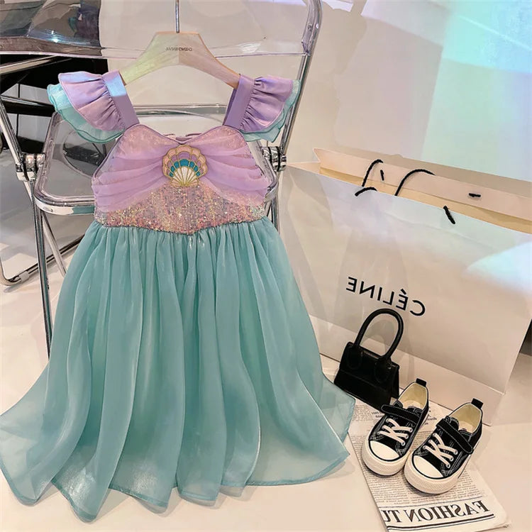 Kids Little Mermaid Summer Girls Casual Dress Ariel Princess Dress Cute Birthday Party Costume Kids Dress
