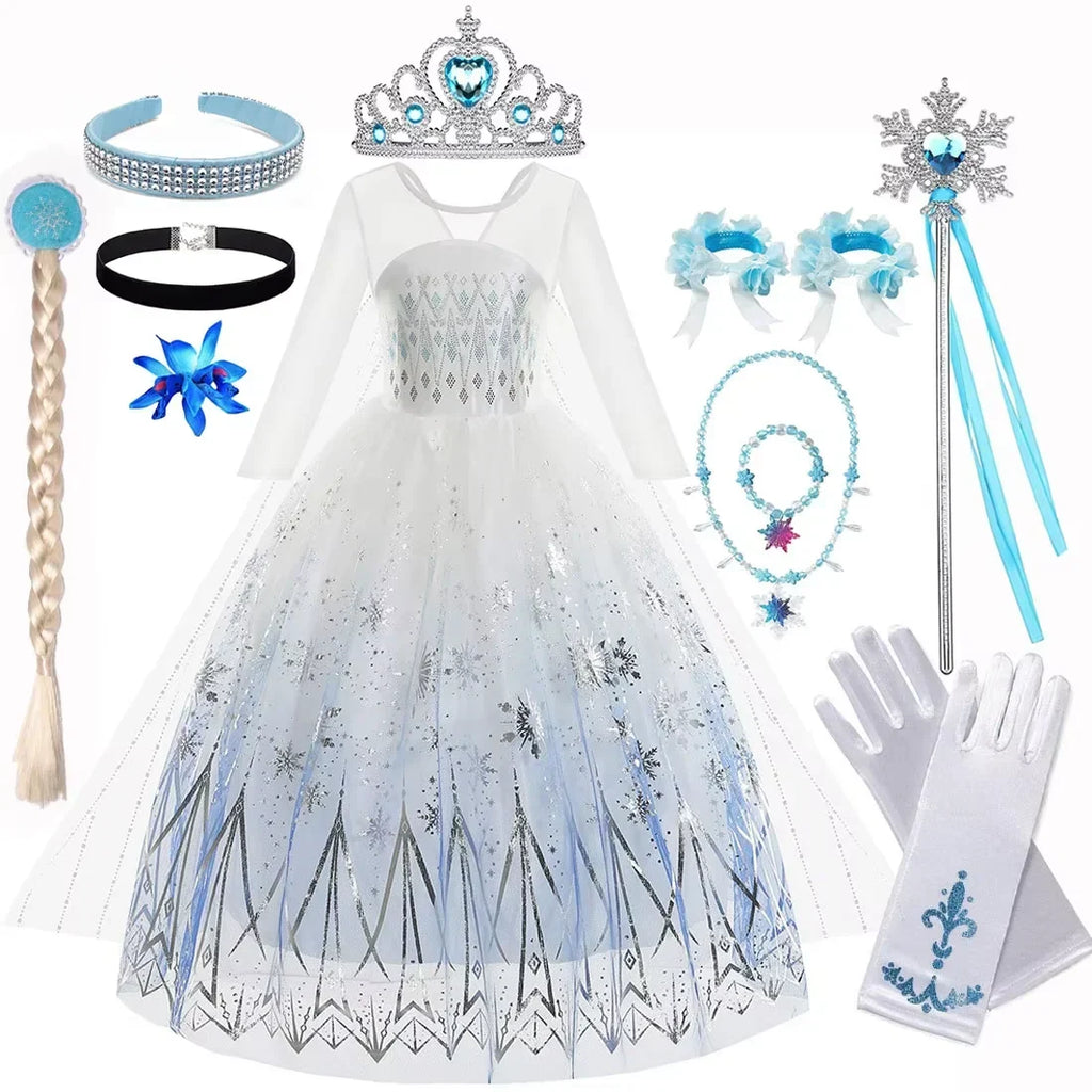 Elsa Princess Dress For Girl White Printed Long-Sleeved Lace Dress Festive Party Gift Set Frozen Dress Fire Spirit Olaf