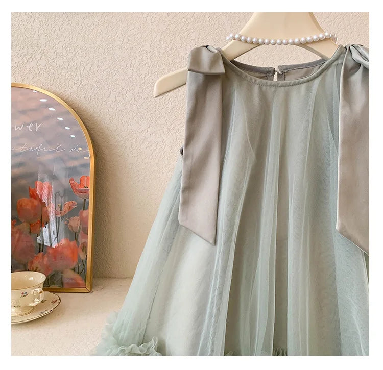 2024 Summer Korean  Girls New Sleeveless Bow Solid Color Sweet and Gentle Princess Dress Childrens Trend