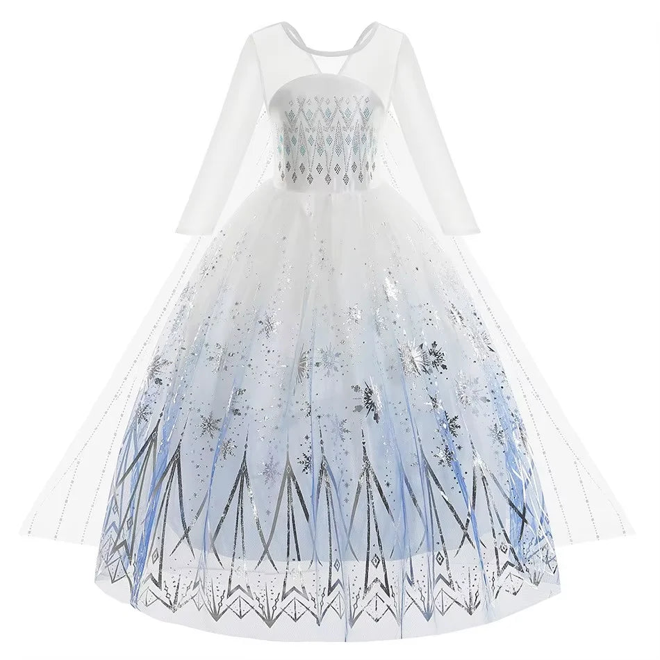 Elsa Princess Dress For Girl White Printed Long-Sleeved Lace Dress Festive Party Gift Set Frozen Dress Fire Spirit Olaf