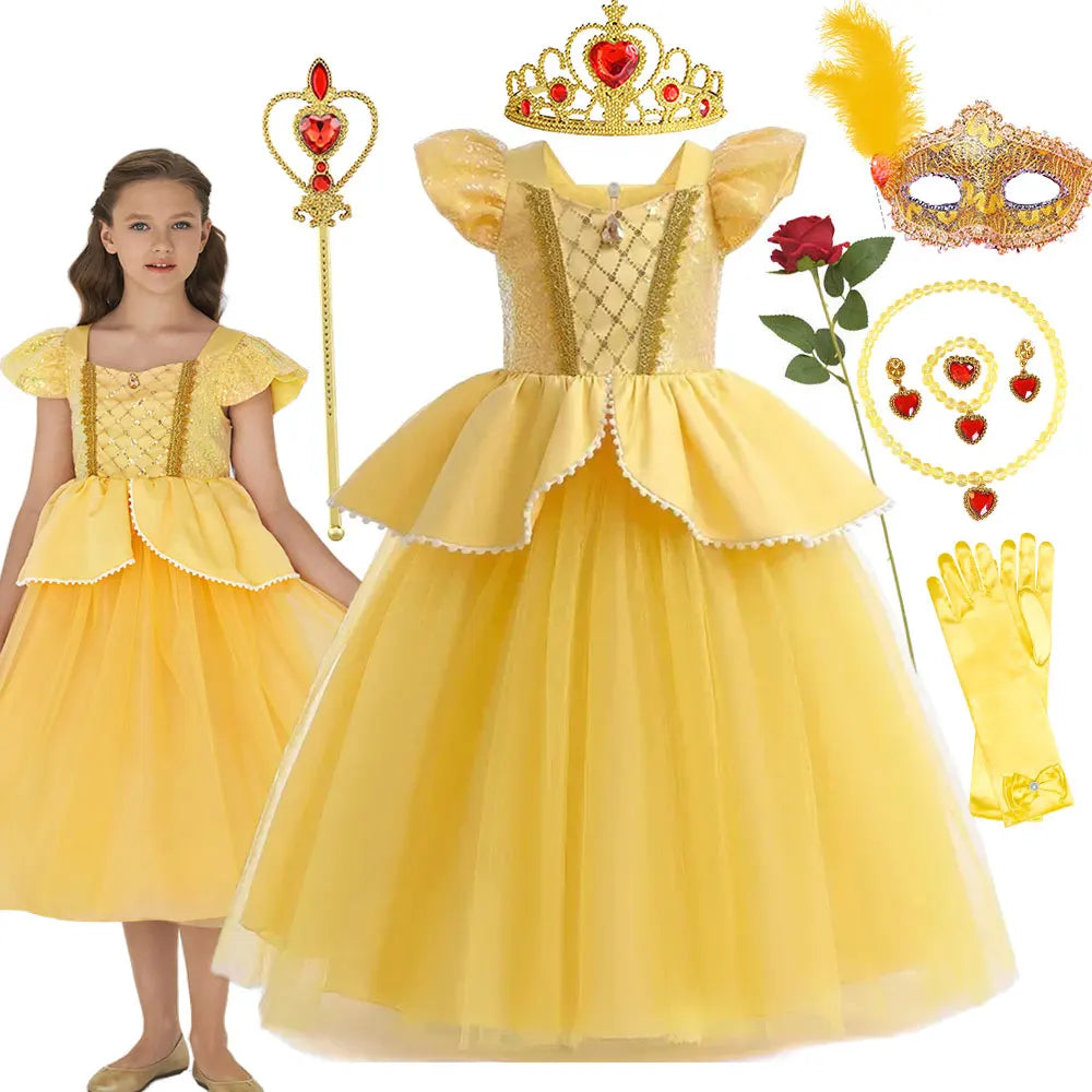 Beauty and the Beast Inspired Party Mesh Dress for Girl Elegant Fancy Princess Costume Belle Deluxe Ball Gown Kid Christmas Robe