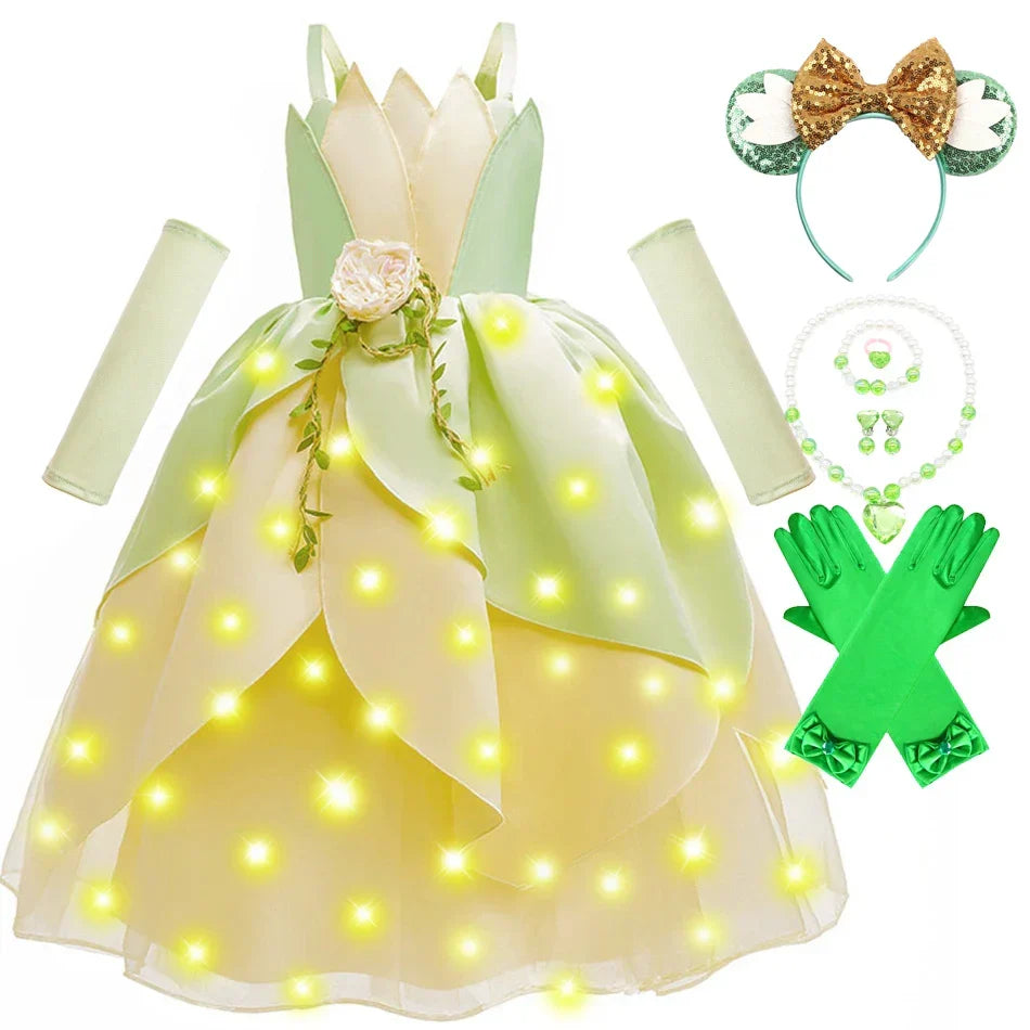 Tiana Fancy Girls Princess Costume Kid Carnival Dress Cosplay Floral LED Light Up Clothing Halloween Girls Christmas Party 2-11T