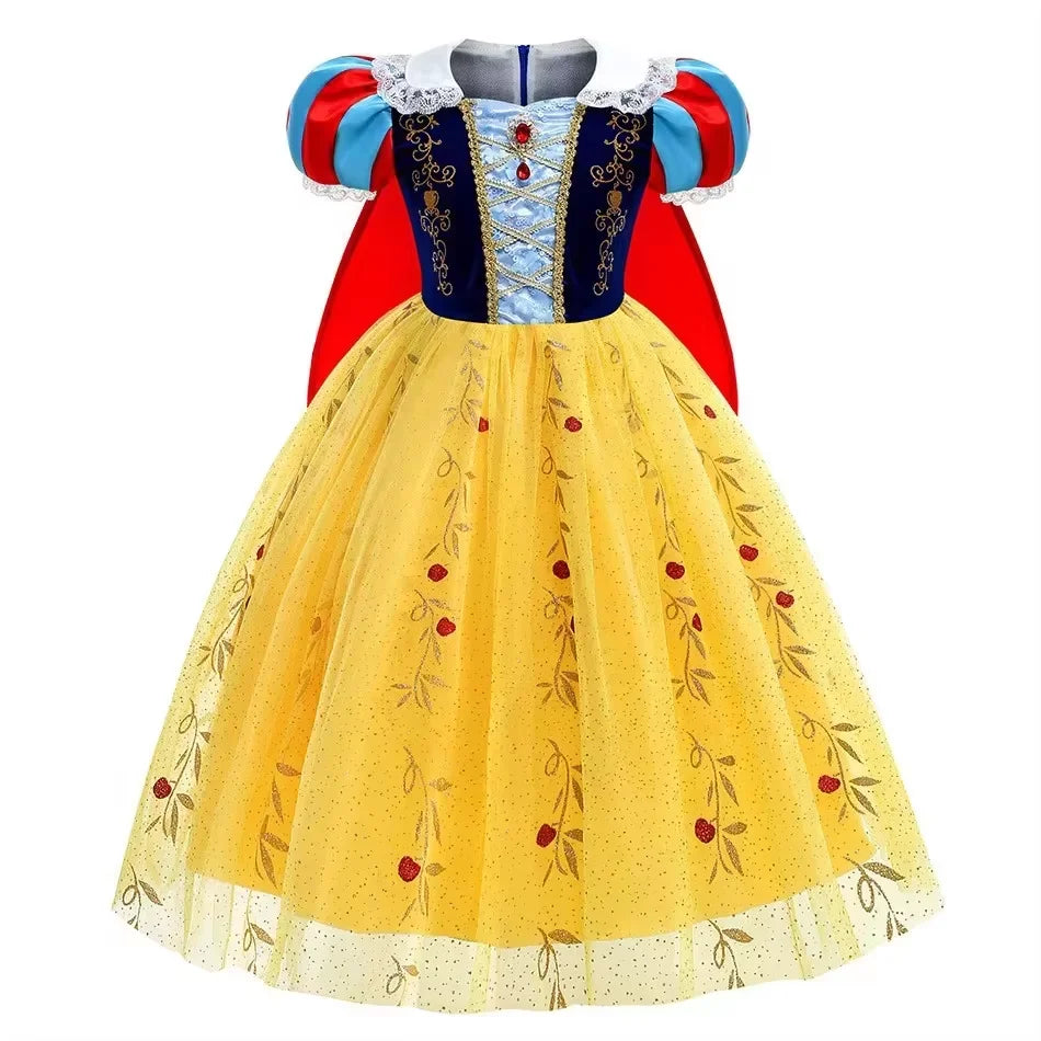 Girl Cosplay Snow White Dress Yellow Luxury Costume With Cloak Holiday Party Gift For Girl Dress + Apple Accessories