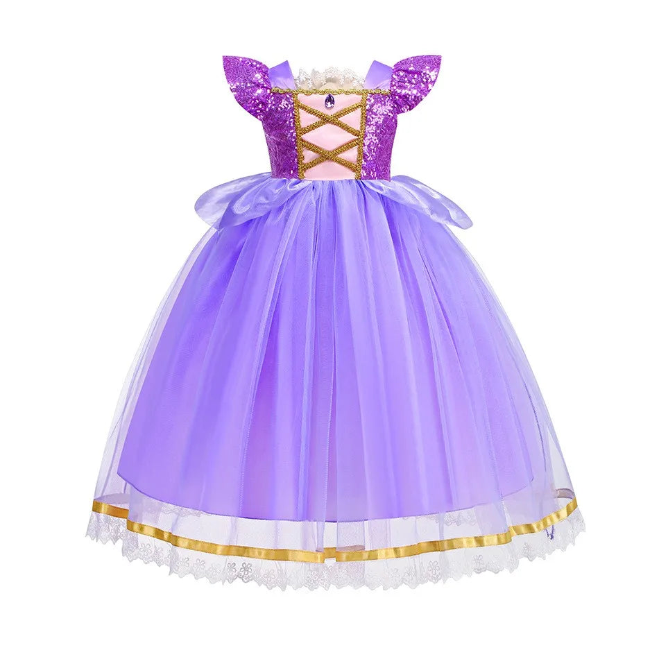 Purple Princess Dress Girl Cosplay Princess Short Sleeves Skirt Birthday Party Vestido Costume + Accessories