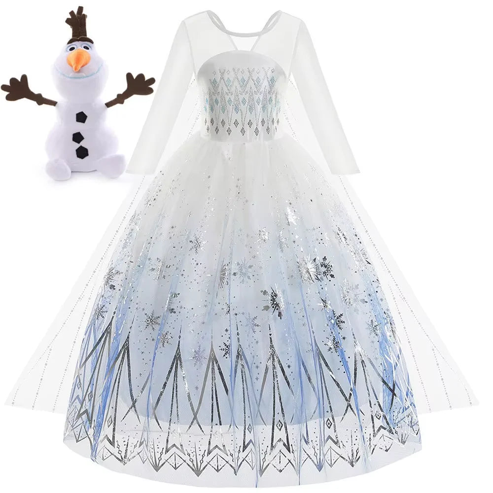 Elsa Princess Dress For Girl White Printed Long-Sleeved Lace Dress Festive Party Gift Set Frozen Dress Fire Spirit Olaf