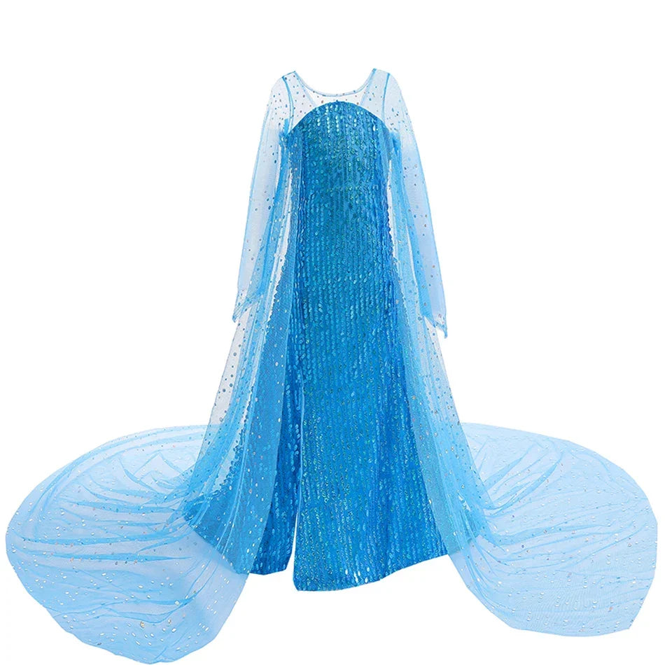 Toddler Shimmering Elsa Maxi Dress Feastured Princess Snow Queen Costume Full Bodice Sequins Embellished Christmas Party Frocks