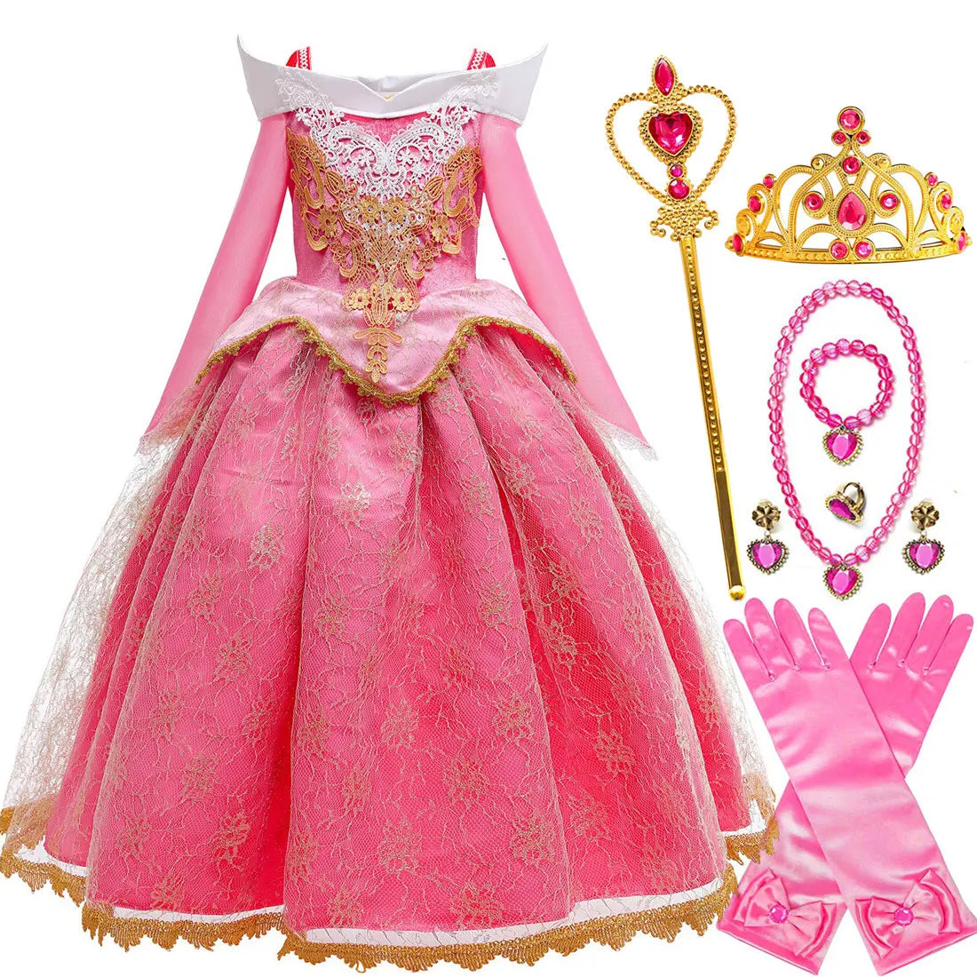 Sleeping Beauty Aurora Princess Dress Girl Cosplay Off Shoulder Kids Gifts Fancy Party Girl Baby Fine Lace Dress Set