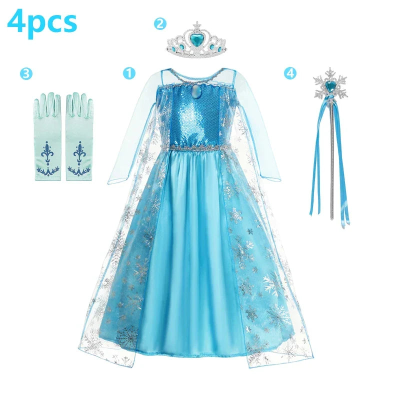 Elsa Dress Cosplay Princess Dress Light Blue Long Sleeve Sequin Children Dresses Carnival Party Evening Dress Dress For Girls