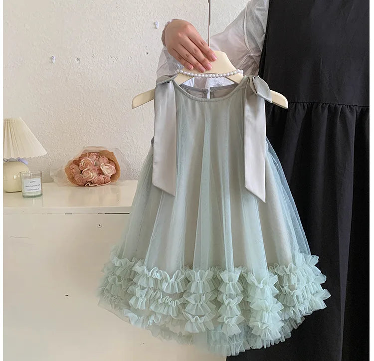 2024 Summer Korean  Girls New Sleeveless Bow Solid Color Sweet and Gentle Princess Dress Childrens Trend