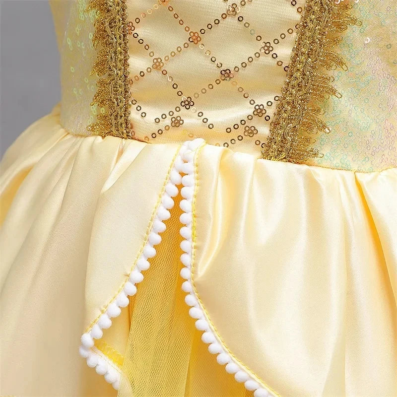 Beauty and the Beast Inspired Party Mesh Dress for Girl Elegant Fancy Princess Costume Belle Deluxe Ball Gown Kid Christmas Robe