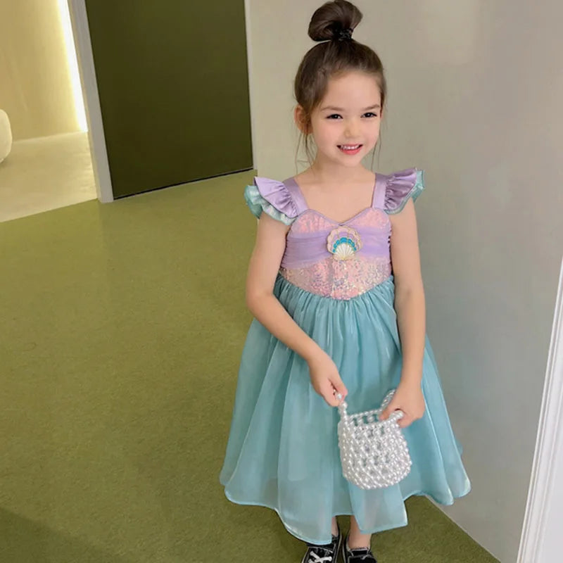 Kids Little Mermaid Summer Girls Casual Dress Ariel Princess Dress Cute Birthday Party Costume Kids Dress