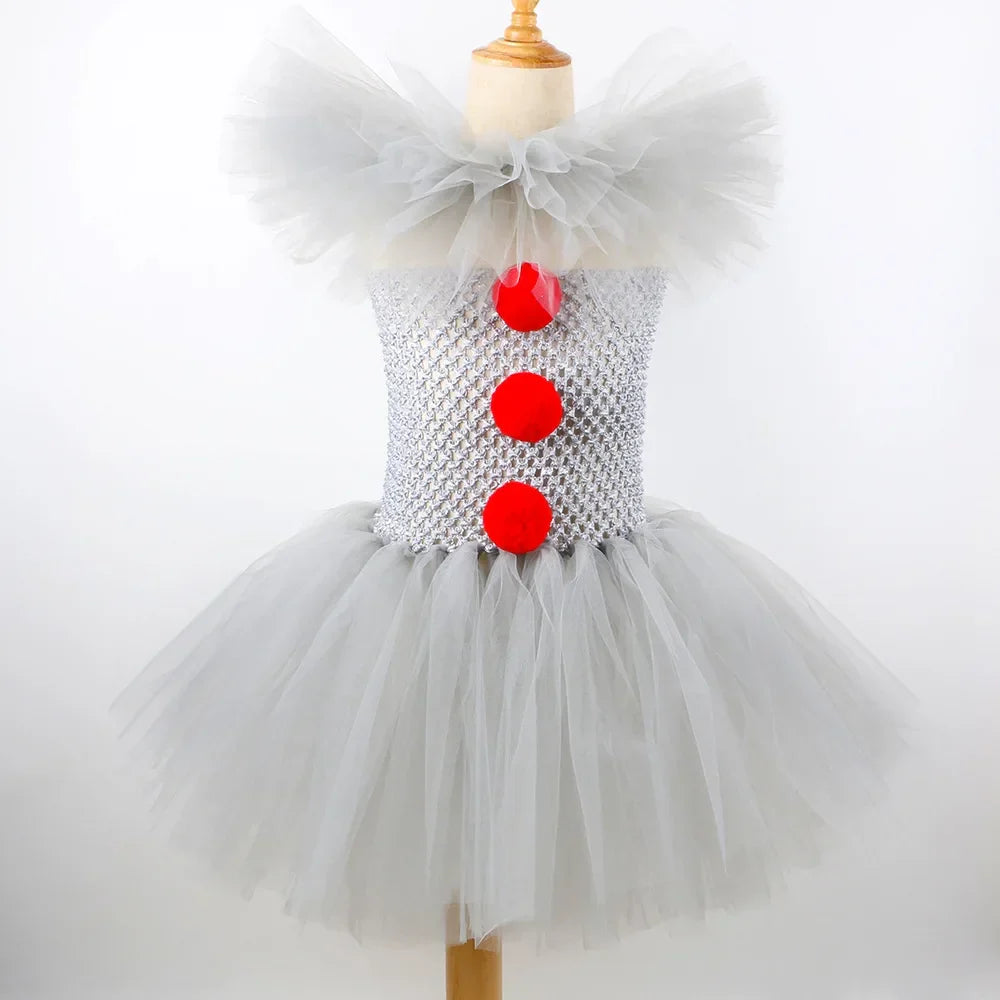 Pennywise Inspired Horrible Creature It Clown Tutu Dress Kids Joker Cosplay Costume with Hair Pin Gloves Girl Halloween Apparel