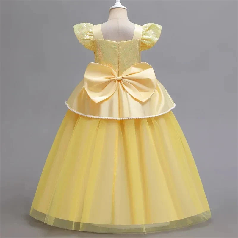 Beauty and the Beast Inspired Party Mesh Dress for Girl Elegant Fancy Princess Costume Belle Deluxe Ball Gown Kid Christmas Robe