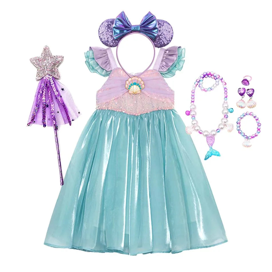 Kids Little Mermaid Summer Girls Casual Dress Ariel Princess Dress Cute Birthday Party Costume Kids Dress