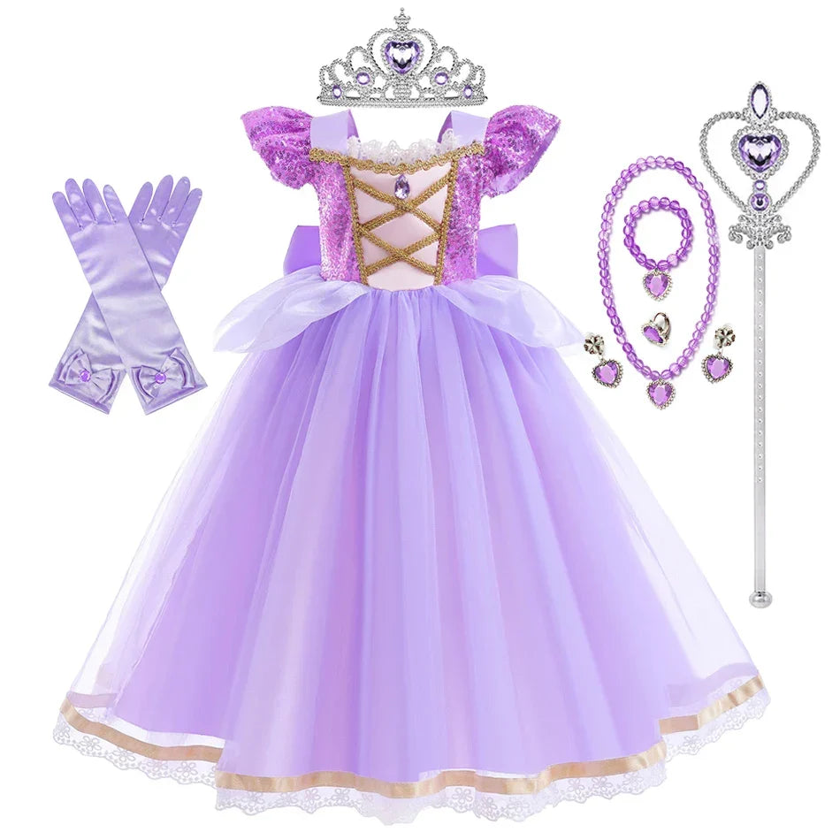 Summer Rapunzal Girl Princess Dress Cosplay Tangled Halloween Birthday Party Vestido Kids Birthday Costume