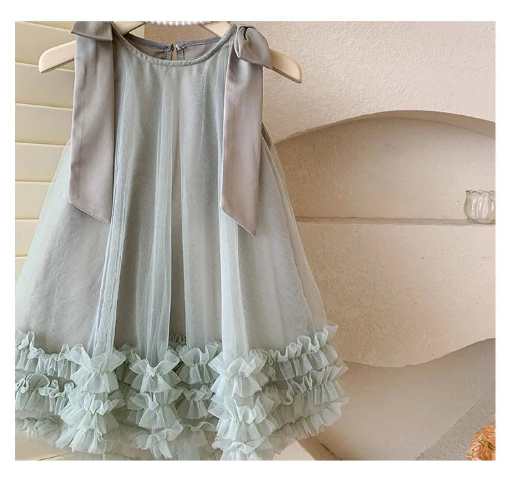 2024 Summer Korean  Girls New Sleeveless Bow Solid Color Sweet and Gentle Princess Dress Childrens Trend
