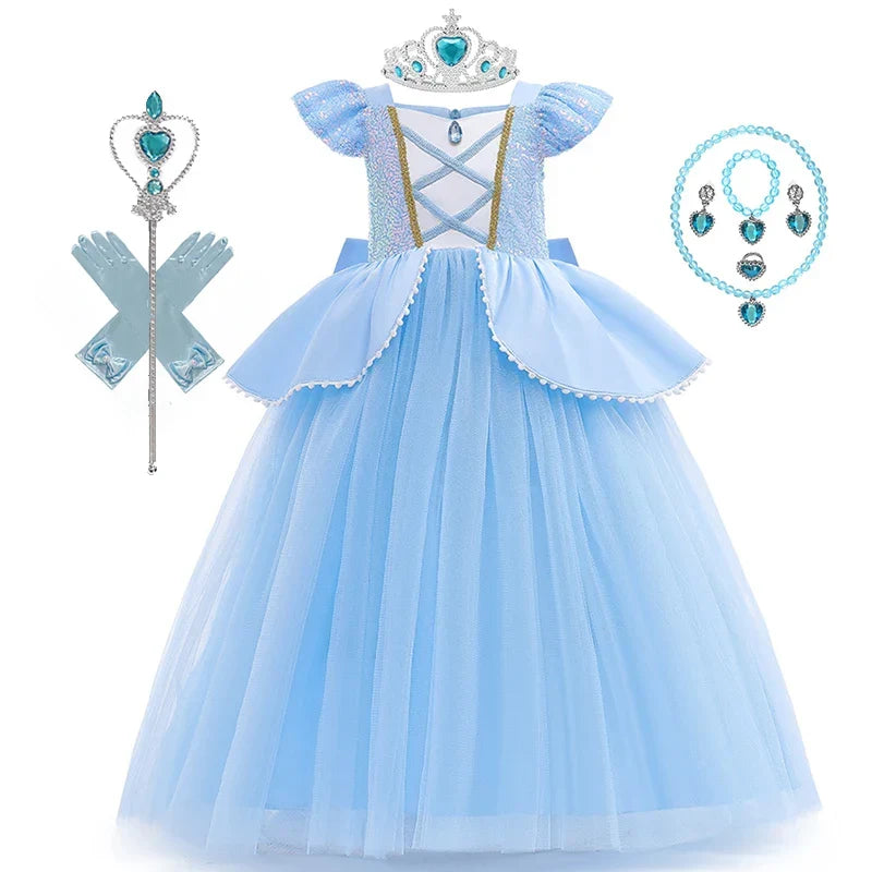 2-10Y Cinderelle Dress Princess Cosplay Costume for Girls Fancy Dress Up 2025 Kids Christma Birthday Party Outfit with Gloves