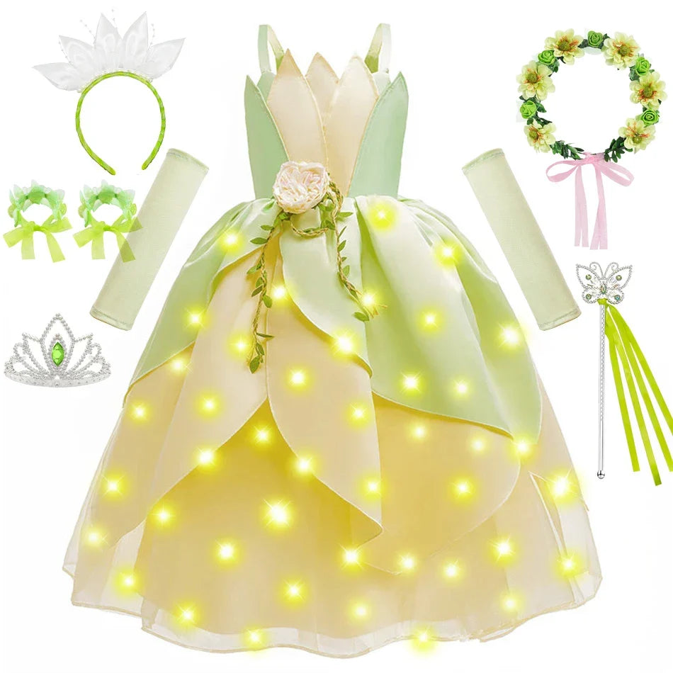 Tiana Fancy Girls Princess Costume Kid Carnival Dress Cosplay Floral LED Light Up Clothing Halloween Girls Christmas Party 2-11T