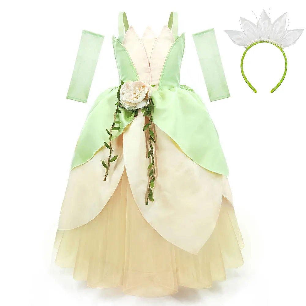 2024 Fancy Princess and Frog Story Cosplay Kid Princess Ball Gown off Shoulder Tiana Deluxe Royal Frock Girls Prom Party Costume