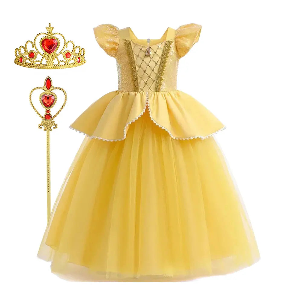 Beauty and the Beast Inspired Party Mesh Dress for Girl Elegant Fancy Princess Costume Belle Deluxe Ball Gown Kid Christmas Robe