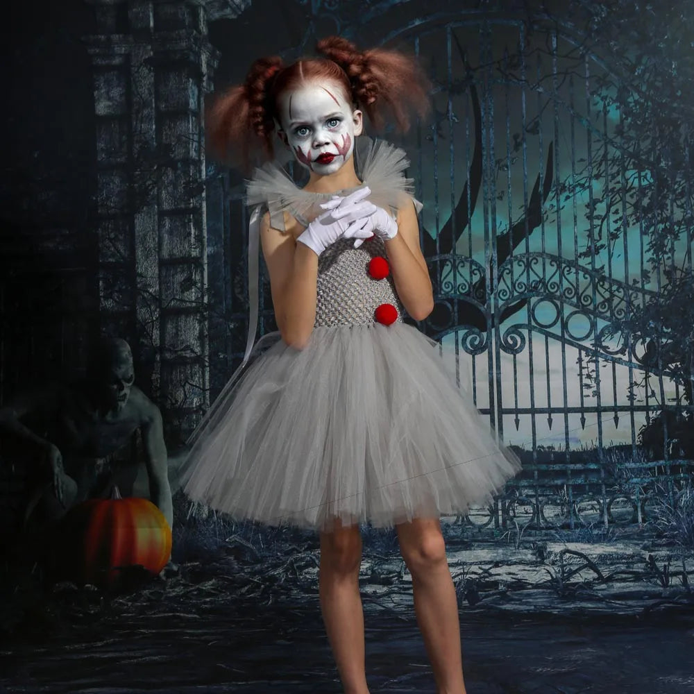 Pennywise Inspired Horrible Creature It Clown Tutu Dress Kids Joker Cosplay Costume with Hair Pin Gloves Girl Halloween Apparel