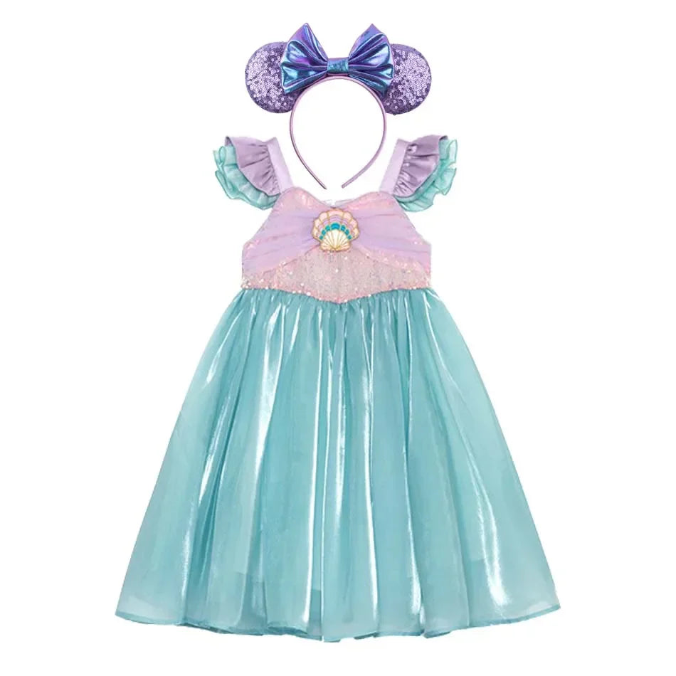 Kids Little Mermaid Summer Girls Casual Dress Ariel Princess Dress Cute Birthday Party Costume Kids Dress