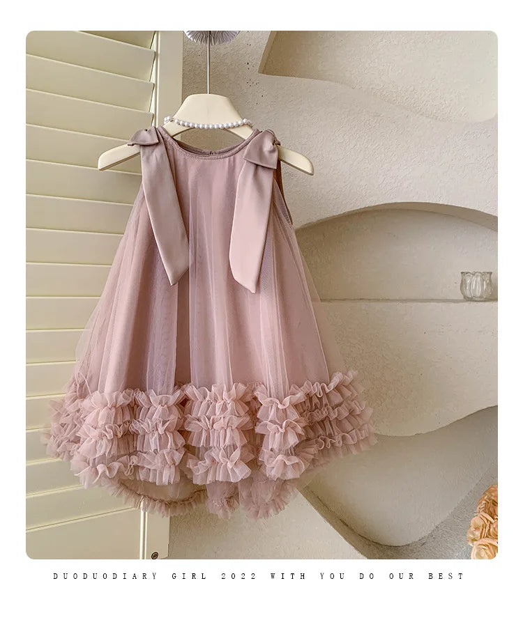 2024 Summer Korean  Girls New Sleeveless Bow Solid Color Sweet and Gentle Princess Dress Childrens Trend