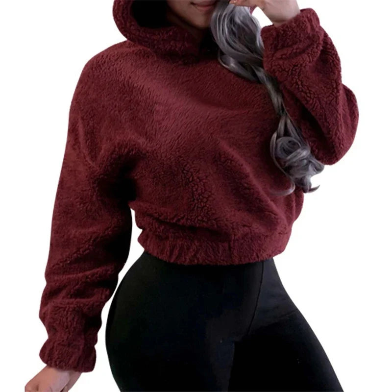 Winter Korean Fashion Bear Ears Cute Loose Hoodie Fluffy Hooded Warm Sweatshirt Long Sleeve Top Solid Pullover Clothes For Women