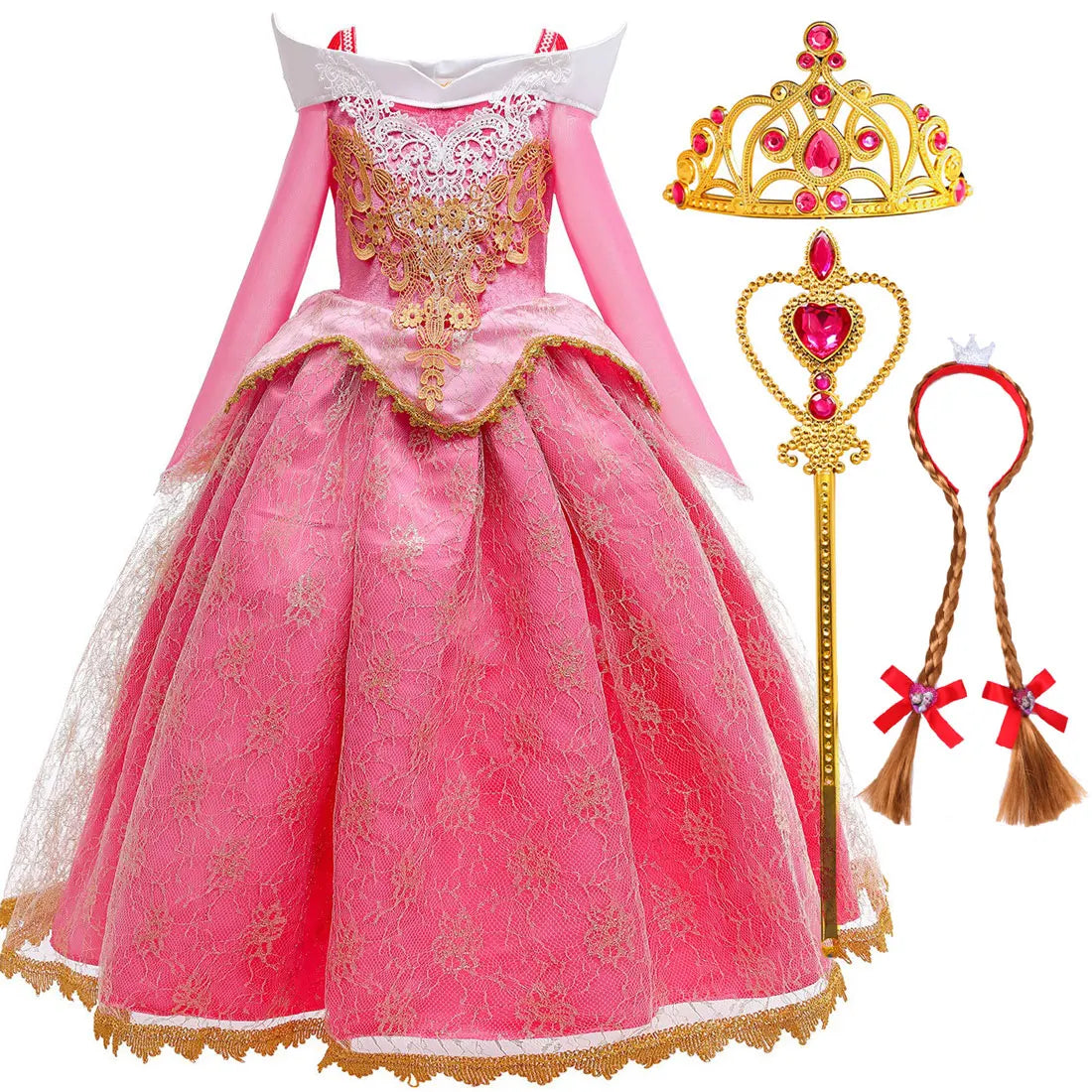 Sleeping Beauty Aurora Princess Dress Girl Cosplay Off Shoulder Kids Gifts Fancy Party Girl Baby Fine Lace Dress Set