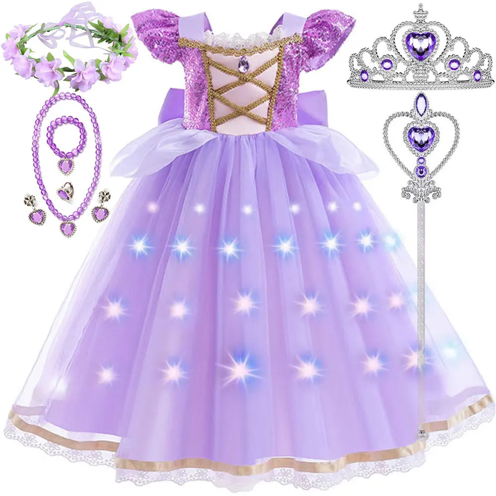 Purple Princess Dress Girl Cosplay Princess Short Sleeves Skirt Birthday Party Vestido Costume + Accessories