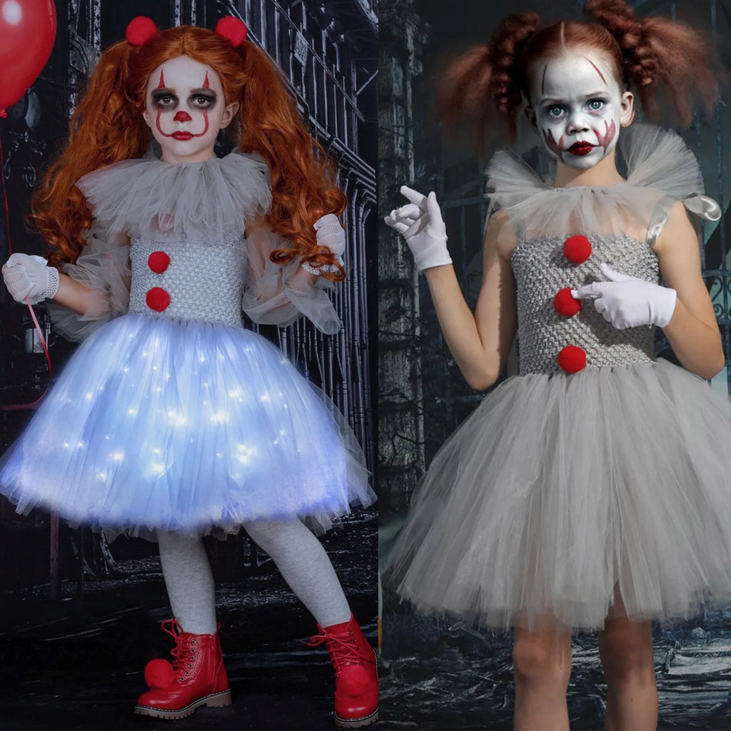 Pennywise Inspired Horrible Creature It Clown Tutu Dress Kids Joker Cosplay Costume with Hair Pin Gloves Girl Halloween Apparel