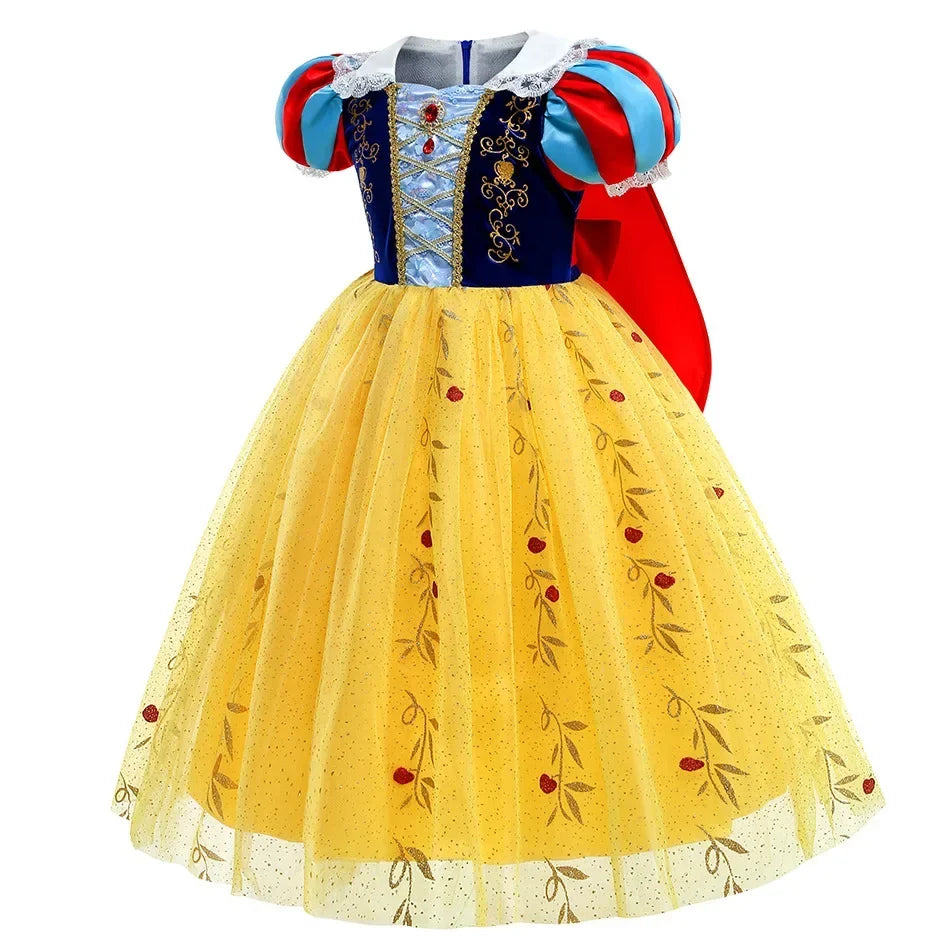 Girl Cosplay Snow White Dress Yellow Luxury Costume With Cloak Holiday Party Gift For Girl Dress + Apple Accessories