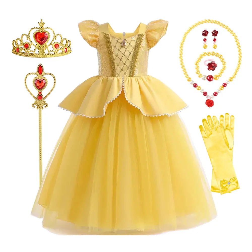 Beauty and the Beast Inspired Party Mesh Dress for Girl Elegant Fancy Princess Costume Belle Deluxe Ball Gown Kid Christmas Robe