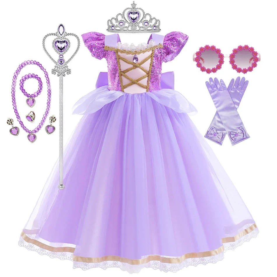 Summer Rapunzal Girl Princess Dress Cosplay Tangled Halloween Birthday Party Vestido Kids Birthday Costume
