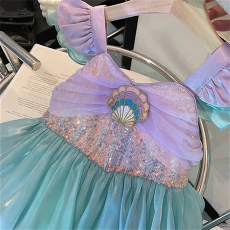 Kids Little Mermaid Summer Girls Casual Dress Ariel Princess Dress Cute Birthday Party Costume Kids Dress